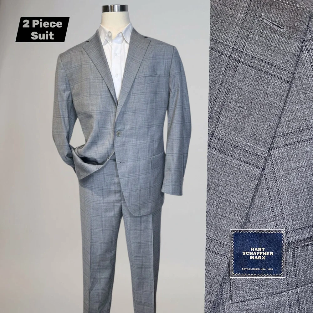 Hart Schaffner Marx New York Fit 48R 41x27 Blue Plaid Classic Suit